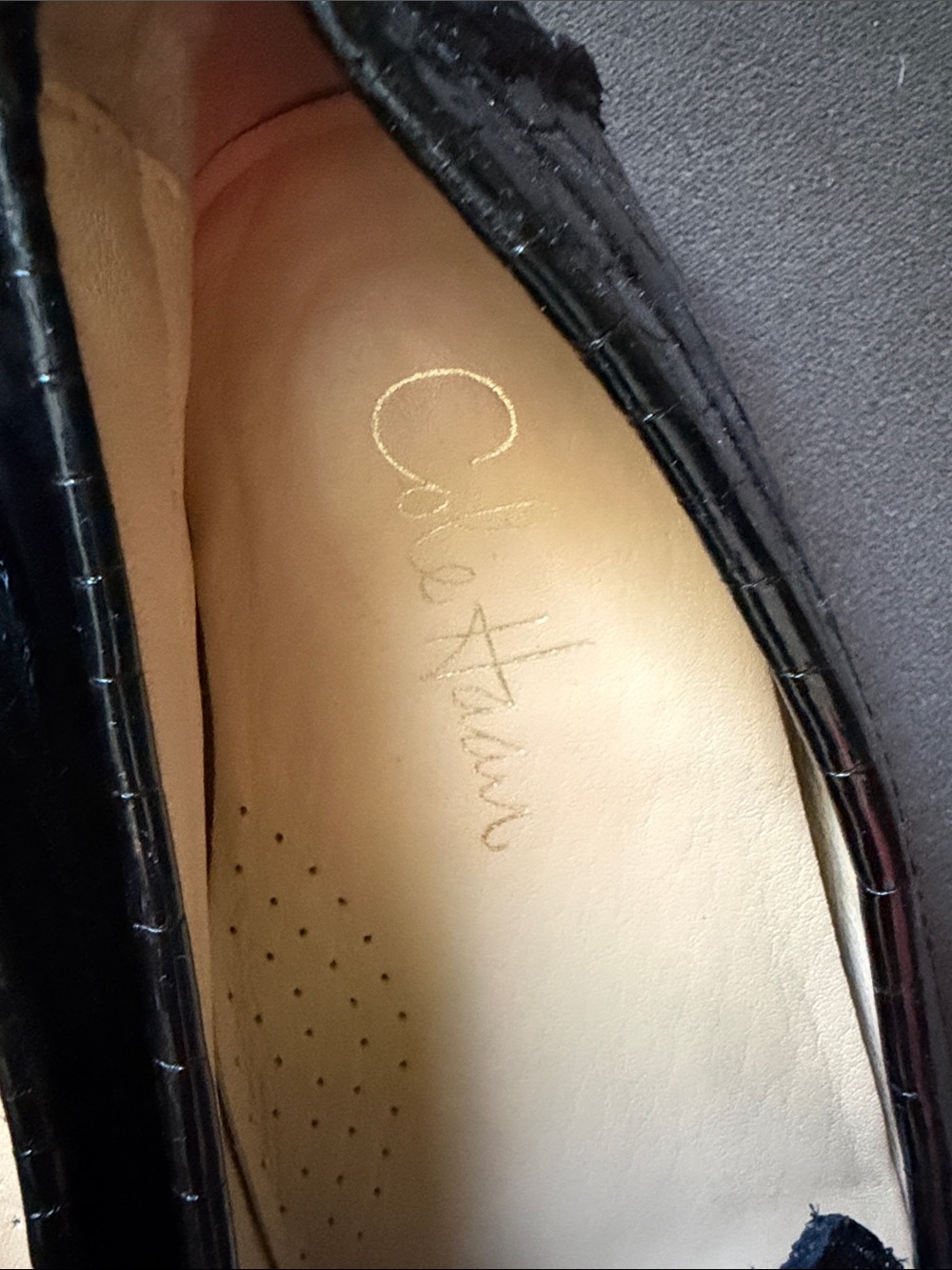 Cole Haan Womens 8.5 Black Patent Leather Mock Croc Driving Loafers Nike Air - Picture 3 of 8